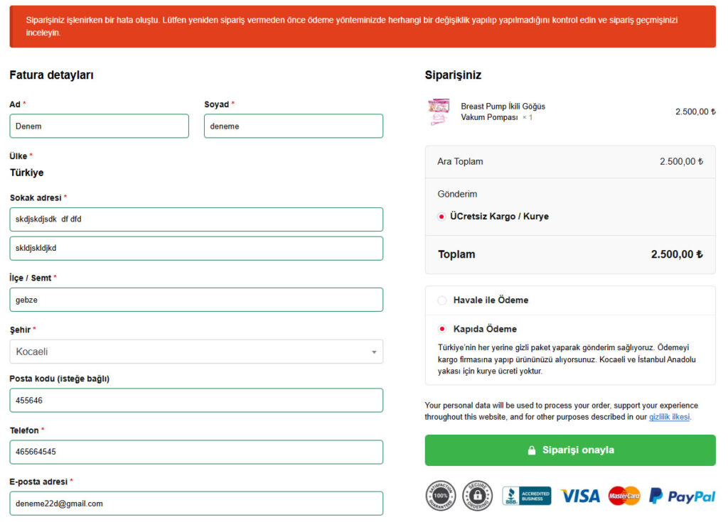 WordPress Woocommerce Siparişiniz işlenirken bir hata oluştu